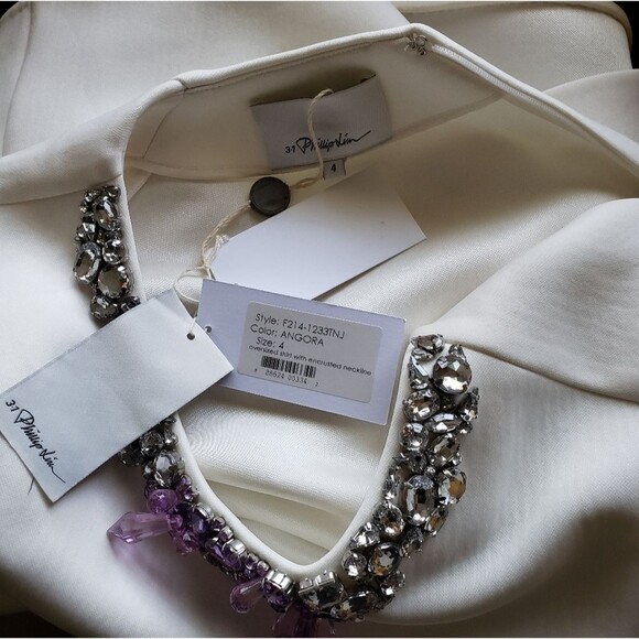 RARE! 3.1 Phillip Lim Oversized Top Shirt Encrusted Crystals Neckline Round Neck - Picture 8 of 11